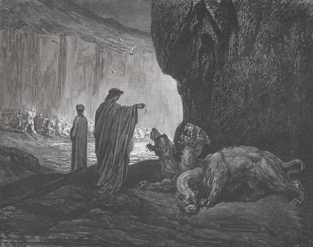 Cerbère agité au premier plan, Virgile à ses côtés, Dante en retrait à l'arrière-plan, dans un paysage rocheux.