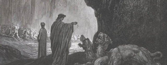 Cerbère agité au premier plan, Virgile à ses côtés, Dante en retrait à l'arrière-plan, dans un paysage rocheux.